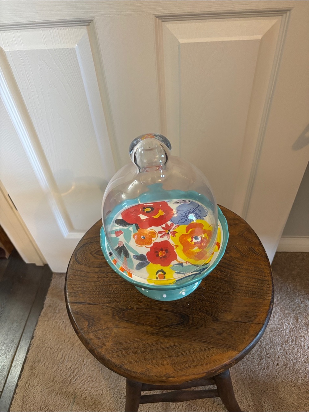Pioneer Woman Floral Pattern Cake Dome with Turquoise Base
